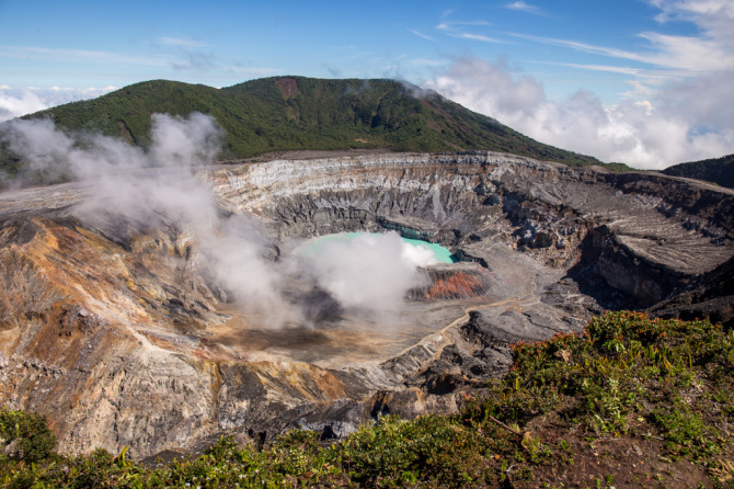 Poas Volcano Main Crater with Clear Blue Skies-670x446